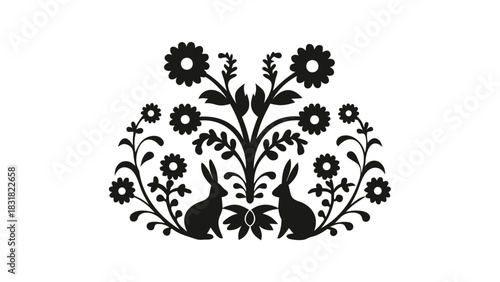 Decorative black silhouette of a floral arrangement with two rabbits on a white background evoking folk art and nature themes