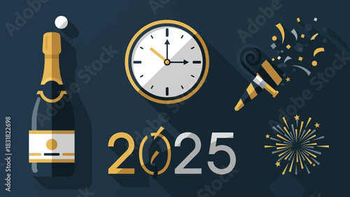New Year 2025 Celebration Christmas Icons, Winter Vector Set, Festive Vector Illustration