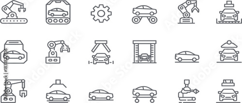 Car Manufacturing, Assembly Line, and Industry Line Icons Set: Featuring Robotic Arm, Conveyor Belt, Factory Process, Gear, and Vehicle Vector Illustration