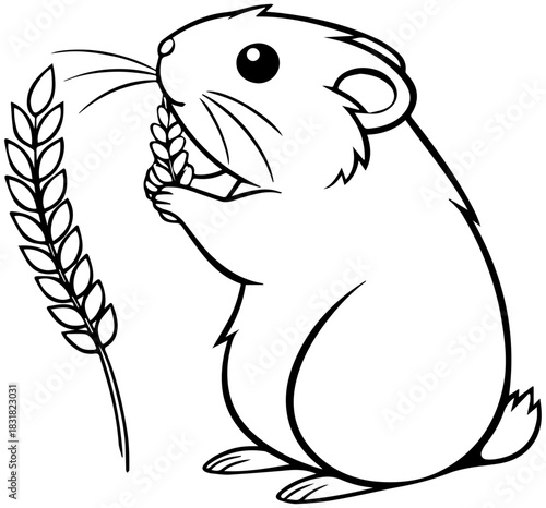 Cute Rodent Eating Wheat – Farm Animal Line Art