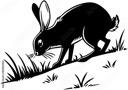 Silhouette of Rabbit Sniffing Ground on Slope