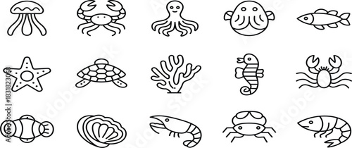 Seashell, Ocean, and Marine Life Line Icons Set: Featuring Various Mollusk Shells, Scallop, Sea Conch, and Summer Beach Vector Illustration