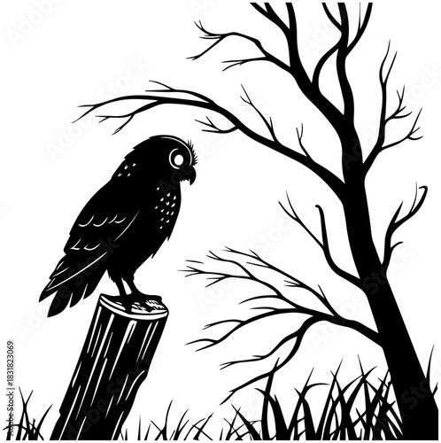 Owl Perched on Tree Stump in Bare Landscape – Vector Illustration