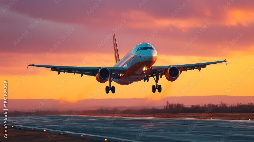 Fototapeta premium Airplane landing sunset