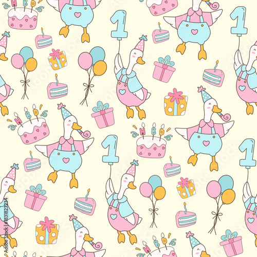 Cute seamless pattern with cartoon birthday geese, cakes, presents, and balloons in pastel pink and blue colors.