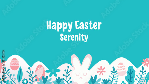 Happy easter serenity with a cute bunny and floral decorations on a teal background