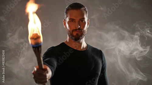 Wallpaper Mural Man Holding a Torch in a Smoky Environment, Dramatic Lighting. Torontodigital.ca