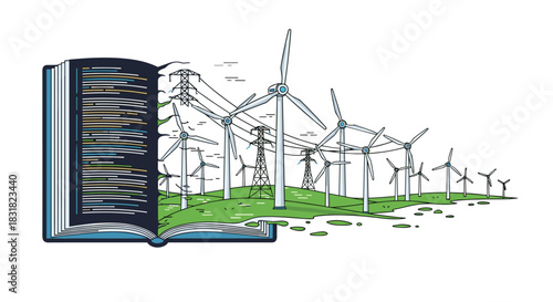 Open Book Revealing Wind Turbines and Power Lines Illustration, Generative AI.