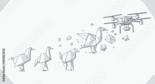 Origami birds transforming into a drone technology concept, Generative AI.