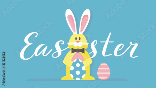 Cute cartoon yellow easter bunny holding a polka dot egg with a pink striped egg nearby and the word easter in calligraphy on a blue background