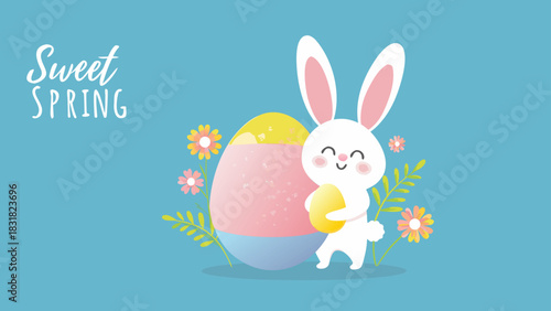 Cute cartoon white bunny holding a yellow easter egg next to a large decorated egg with flowers and foliage on a blue background with the words sweet spring