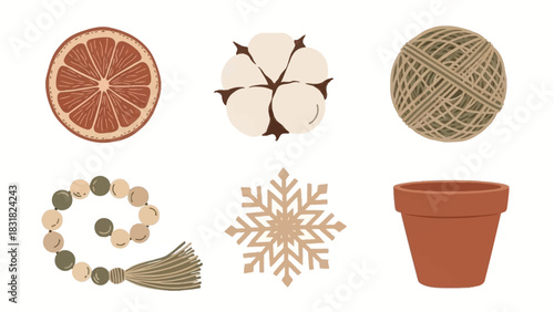 Christmas Winter Vector Set of Icons for Design and Illustration Dried Orange, Cotton, Twine, Beads, Snowflake, Pot