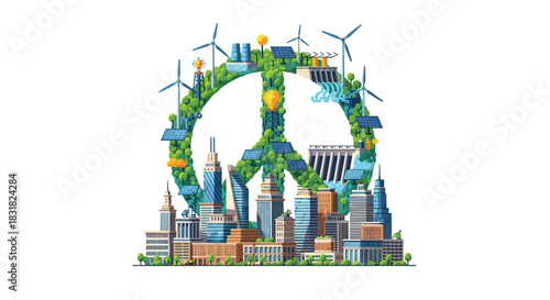 Peace Symbol Integrated with Sustainable Cityscape and Renewable Energy Sources, Generative AI.