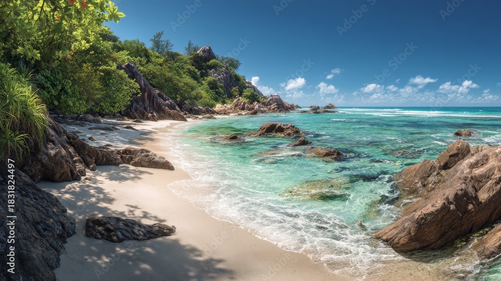 Obraz premium Panoramic view of a pristine beach with crystal-clear turquoise water and lush green vegetation