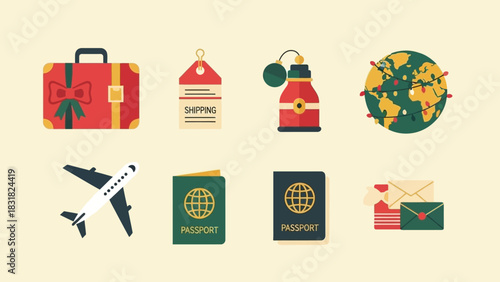 A colorful vector set of flat travel icon illustrations perfect for Christmas and winter holiday vacation planning