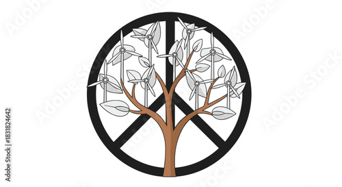 Peace Symbol Tree with Leaves and Branches, Generative AI.