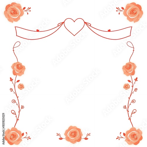 Decorative floral border with roses and heart banner on white background decoration