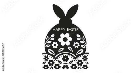 Happy easter greeting card design featuring a black silhouette of an egg with bunny ears adorned with floral patterns and text