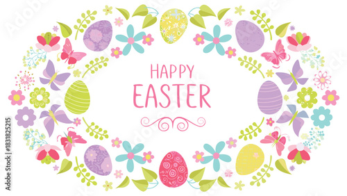 Decorative oval frame with colorful easter eggs butterflies flowers and green leaves with happy easter text in the center on a white background