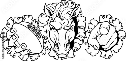 Horse mustang bronco stallion American football angry sports team mascot holding a ball.