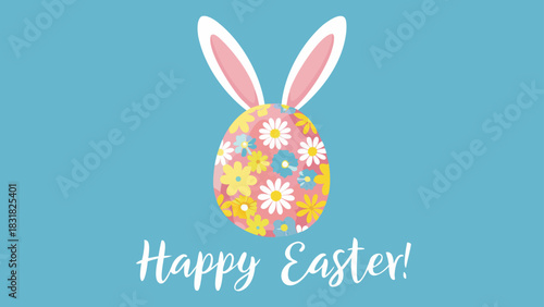 A cheerful easter greeting featuring a brightly colored floral patterned egg with bunny ears and the text happy easter on a solid blue background