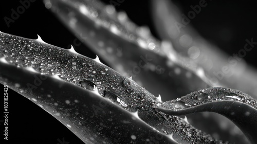 Black and white closeup of an aloe vera plant covered in dew drops on spiky leaves