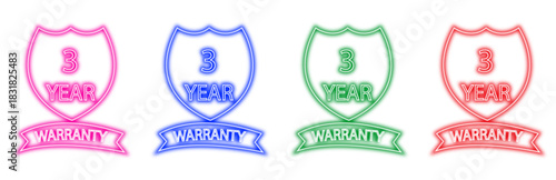 Set of colorful neon shield icons with "3 year warranty" text and banners, isolated on a white background, perfect for representing guarantees and product assurances in a vibrant and modern style.