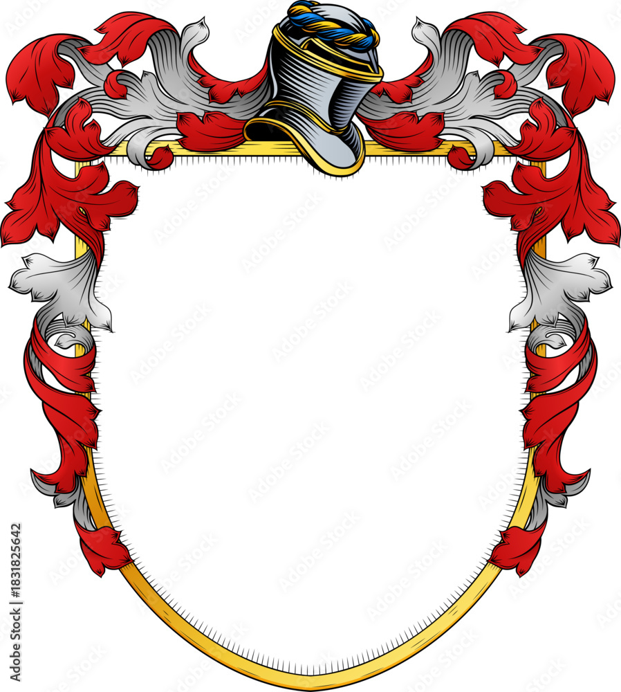 Naklejka premium A coat of arms or crest family heraldry medieval heraldic knight shield with helmet and acanthus filigree scroll ornament in a vintage woodcut style.