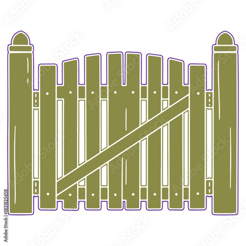 Illustration of a rustic wooden garden gate with purple border and a diagonal brace for vector graphics and design elements