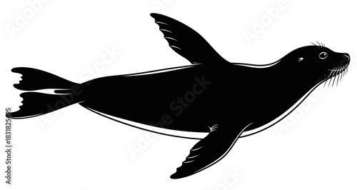 Black Seal Swimming Silhouette Isolated on White Vector Illustration