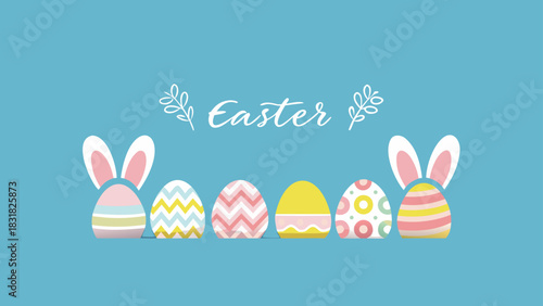 Happy easter greeting card with decorated eggs and bunny ears on a blue background with the word easter written in calligraphy