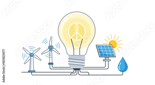 Renewable energy sources powering a bright idea light bulb concept, Generative AI.
