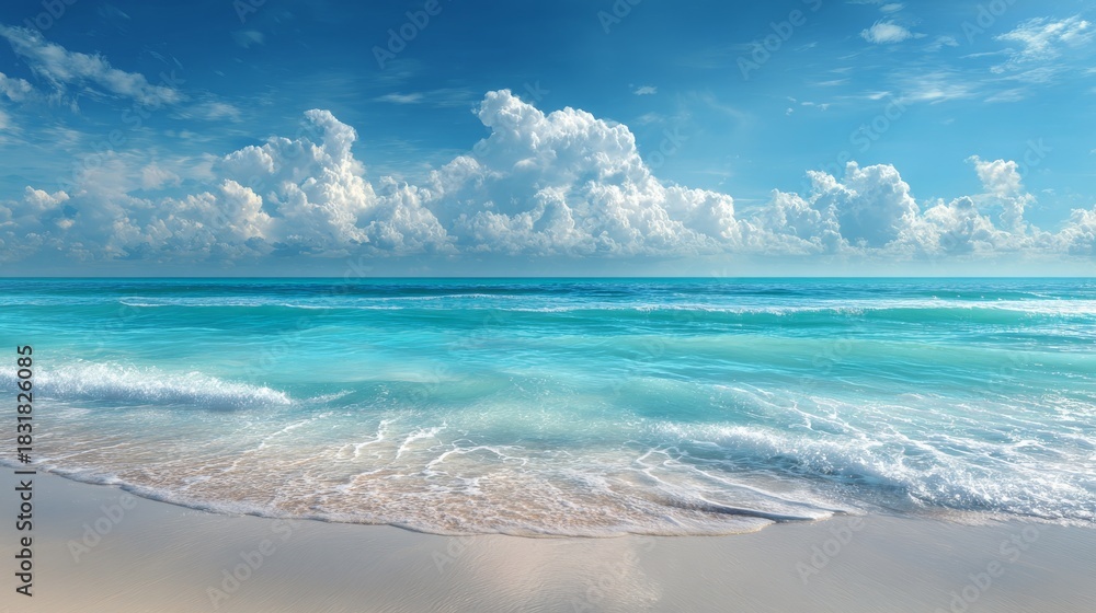 Obraz premium A tranquil seaside scene with clear turquoise water gently lapping a sandy shore under a brilliant blue sky dotted with puffy clouds