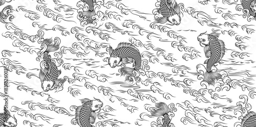 A koi carp coy fish seamlessly tiling background pattern. An original illustration in a vintage Japanese woodcut art style.