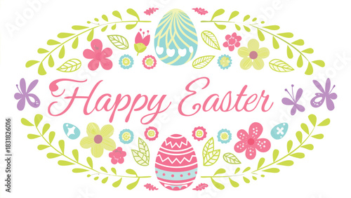 Happy easter greeting with decorative elements including colorful eggs flowers leaves and butterflies in a whimsical oval frame design