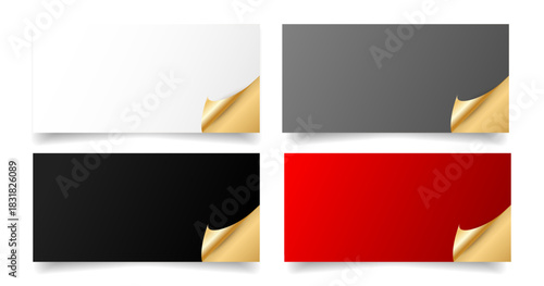 Set of rectangular banner templates in white, gray, black, and red with curled golden corners for gift certificate templates, promotions, sales ads, branding, web, banners, commercial design. Vector