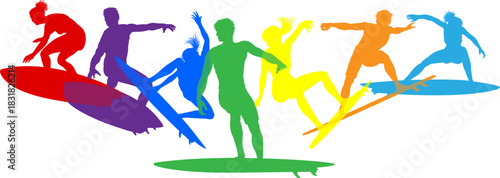 Surfer surfboard boarding male and female surfers surfing colorful silhouette outlines. Men and women surf group design concept.