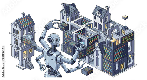 Robot building a futuristic city with houses and structures, Generative AI.