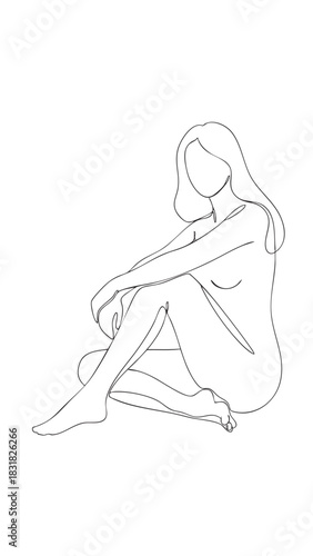 Nude Woman Sitting in Contemplative Pose vector illustration