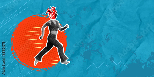 A trendy halftone pop art collage featuring a young woman runner with a heart for a head. Conceptually promoting fitness, healthy lifestyle, and cardiovascular disease prevention.