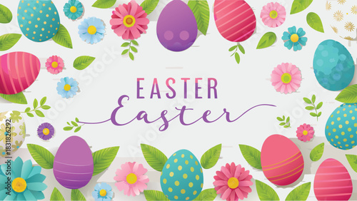 Bright and festive easter border design with colorful decorated eggs paper flowers and green leaves on a white wooden background