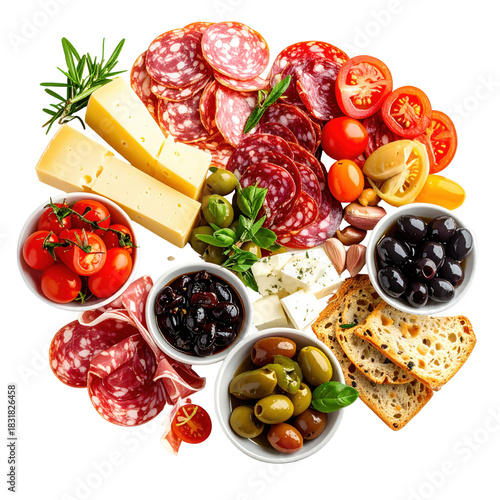 Vibrant mixed antipasto platter with meats and cheeses isolated on a pure purple background for a colorful and modern presentation
