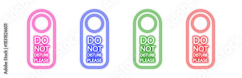 colorful neon hotel door hanger signs saying do not disturb please isolated on white background for hospitality and service industry