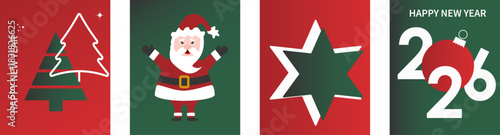 New Year and Christmas background. Greeting card. 2026. Red and green backgrounds. Vector