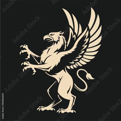 Majestic Griffin Heraldry Emblem in Golden Color on Black Background.