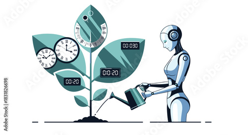 Robot watering a plant with clocks on its leaves representing time management and growth, Generative AI.