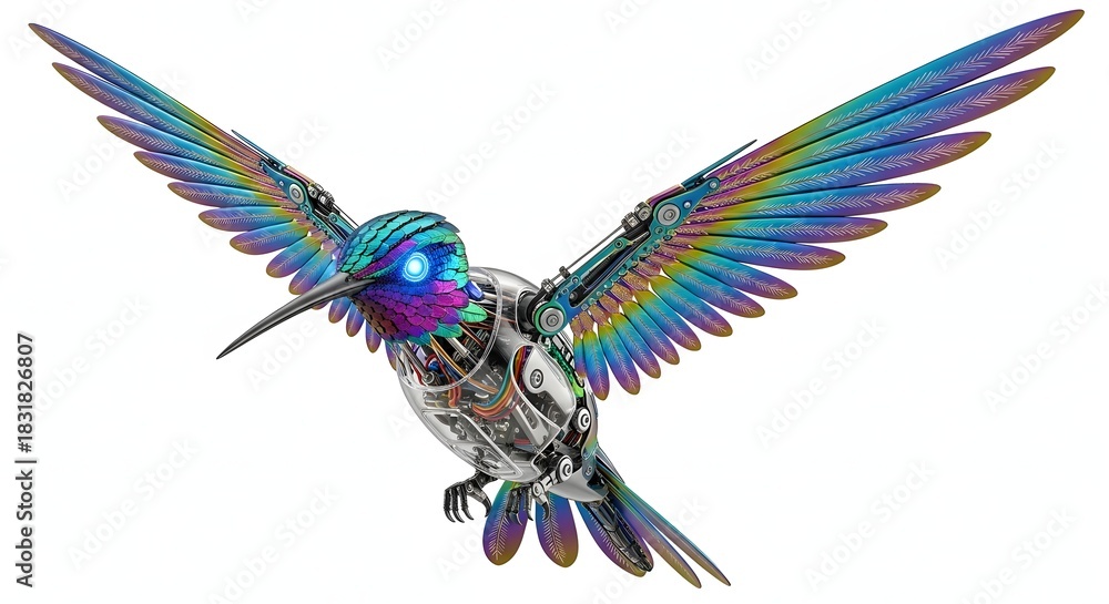 Fototapeta premium Colorful metallic hummingbird sculpture in flight isolated on white background