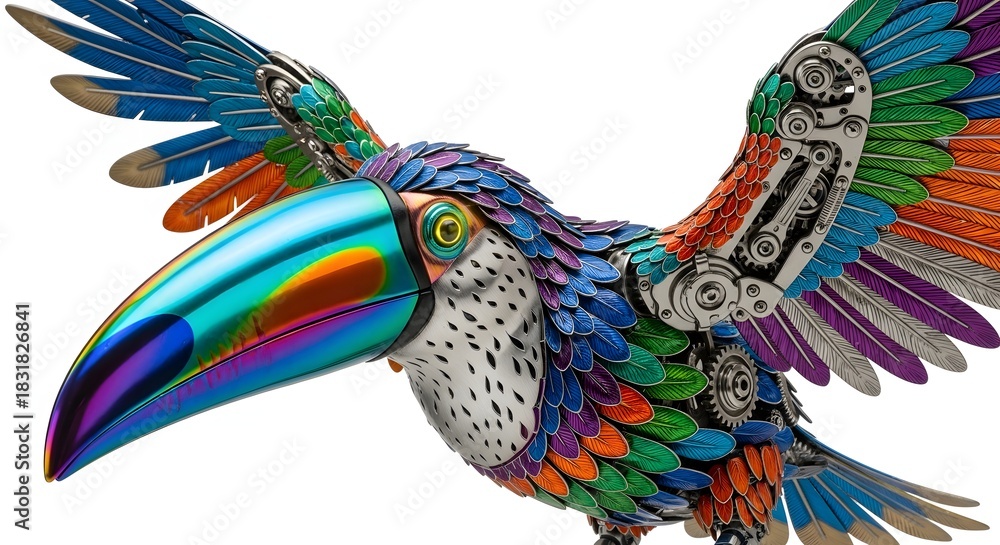 Fototapeta premium Colorful metallic toucan sculpture with iridescent beak isolated on white background