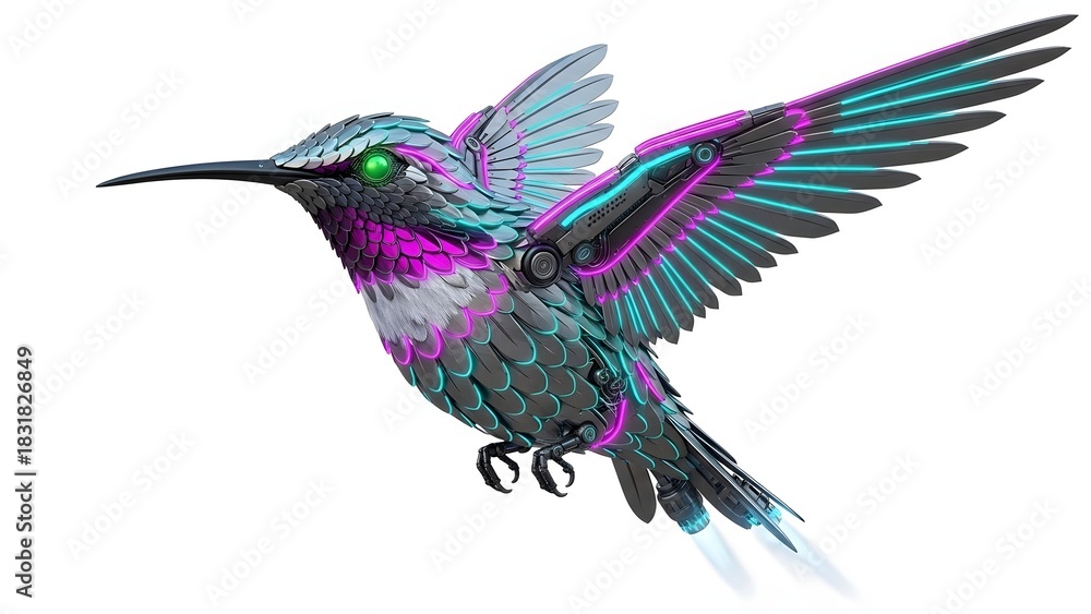 Fototapeta premium Iridescent hummingbird in flight with vibrant wings isolated on white background