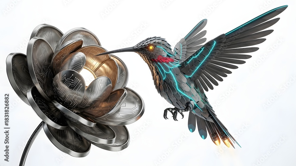 Obraz premium Metal hummingbird sculpture feeding from a metallic flower isolated on white background